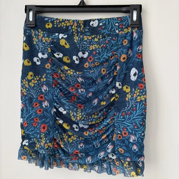 Free People Sz XS Romi Mesh Mini Skirt Blue Floral Fully Lined Elastic Waist - Picture 2 of 6